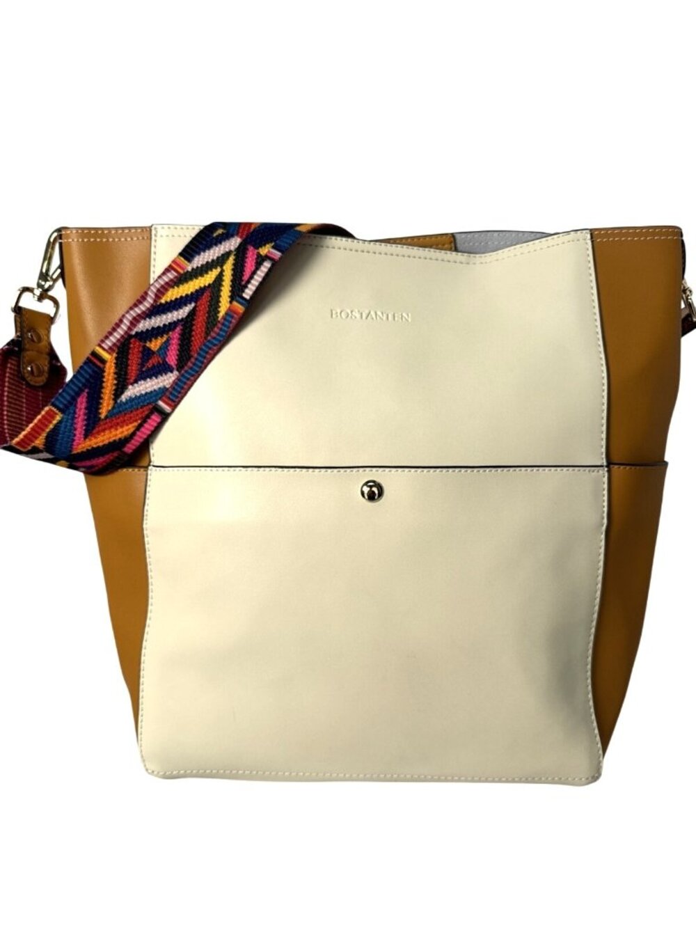 Bostanten Cream & Tan Tote Bag With Colorful Strap & Insert